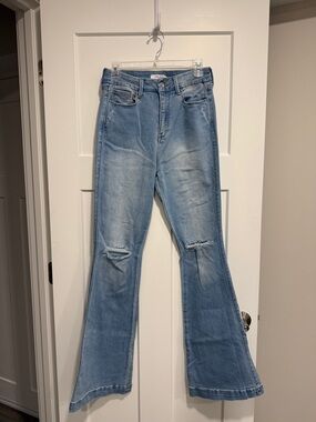 Light Blue Distressed Flare Jeans - Women